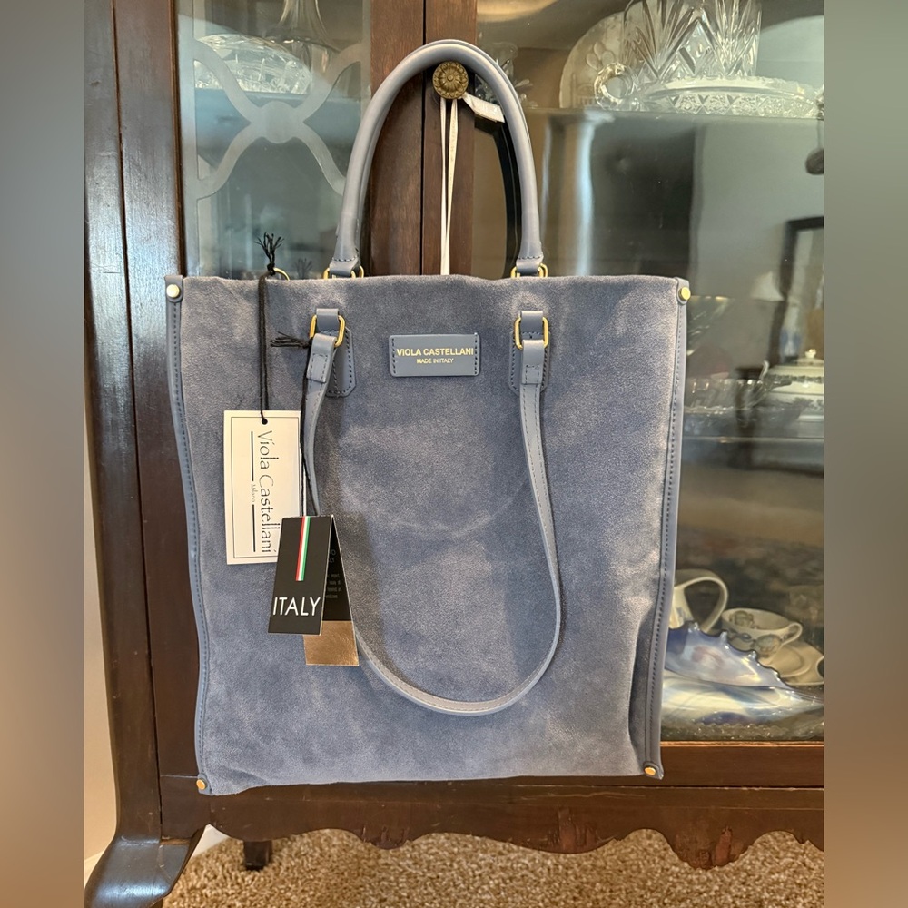 Viola Castellani Blue Suede Tote Multi Compartment Italy NWT